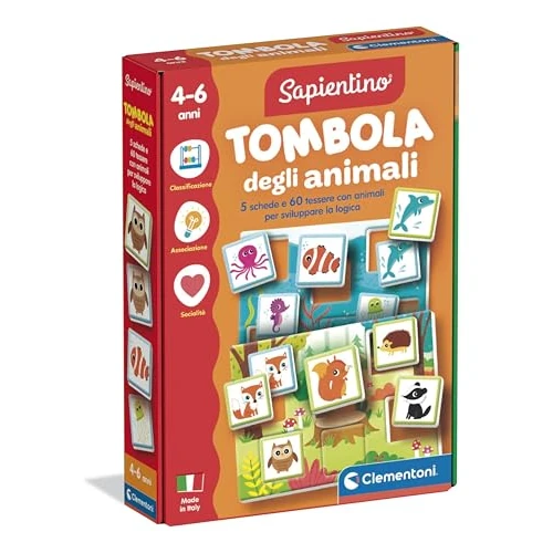 Clementoni Sapientino Tombola of the Animals, Educational Game 4-6 Years with 60 Illustrated Cards, Flashcards to Stimulate Observation and Memory, Made in Italy, Italian Language