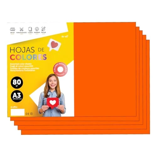 Offerta a tempo: Fogli Colorati A3 80g per Stampanti e Lavoretti Manuali, Blocco di Carta Colorata Assortita per Bambini, Pacchetto di Fogli Colorati per Biglietti M-Office (500h, Arancione Fluor) - 0.00% da 66.93 € a 66.93 €