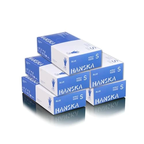 HANSKA 500 Guanti Monouso Nitrile Blu - Senza Polvere - Usa e Getta- Ambidestri - Non Sterili - Base di Gomma - Adatti per Ambiti Medici, Manipolazione degli Alimenti (500, S)