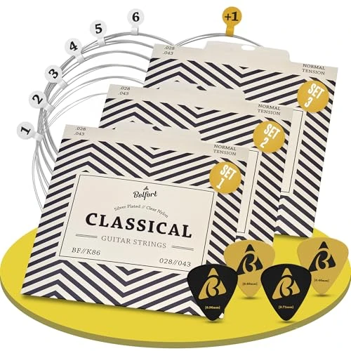 BELFORT® Corde per chitarra classica, corde per chitarra in nylon e argento, chitarra acustica (set di 6) - Incl. 4 plettri + extra (3 set – 18 corde (.028/.043))
