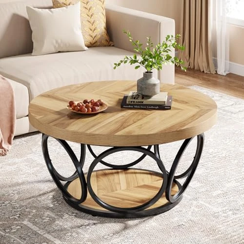 Offerta a tempo: Tribesigns Tavolino Salotto Industriale - Piano Legno/Base Metallo, Tavolino Basso Rotondo a 2 Ripiani, Ø80cm x H43cm, Tavolino da caffè Moderno da Soggiorno (Venature Del Legno.) - 52% da 149.99 € a 72.19 €