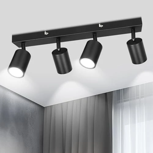TaFiCo Faretto da Soffitto LED 4 Luci - Lampada da Soffitto GU10 Nero - Plafoniera LED Moderno Orientabile - Faretti Soffitto per Soggiorno Camera da Letto Cucina - Senza Lampadina