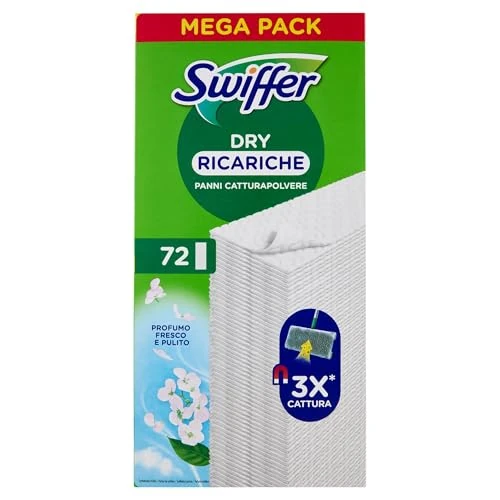 Swiffer Miotła do łapania kurzu Wkłady do suchych chusteczek, 72 sztuki, długotrwały zapach Febreze, 3 razy więcej kurzu i sierści zwierząt, miotła sprzedawana osobno