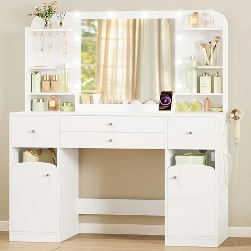 Oferta limitada: Hzuaneri Tocador con LED, Tocador de Maquillaje con Enchufe y Soporte para Secador de Pelo,108 cm Tablero, con 2 Cajones Grandes con Espacio para Guardar Joyas, 2 Armarios, 40 x 108 x 144 cm Blanco de 139.99 EUR a 139.99 EUR (ahorro 0%)