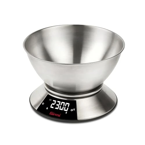 Girmi PS86 Kitchen Scale, Large Bowl 2 L, Stainless Steel Body and Bowl, Large Display 58 x 30 mm, Measurement 1 g/5 kg, Tare Function