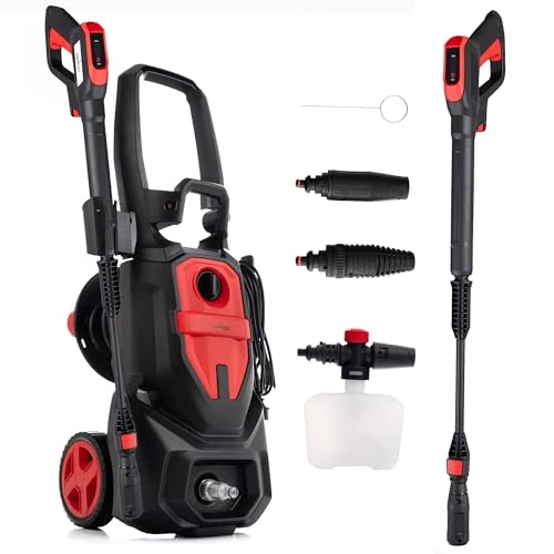 Offerta a tempo: LEHMANN Idropulitrice Austin, Pressione max. 220 bar, 1800 W, Portata 450 l/h, Pompa in alluminio, Autoadescante, Raggio d'azione 10 m, Ugelli & Lancia Schiuma, per Auto, Esterni di Casa, Nero/Rosso - 23% da 129.99 € a 99.99 €