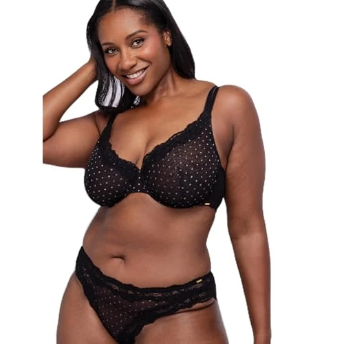 Dorina Origins-Shimmer Dot-Wired_Bra Origins Sujetador sin Relleno con armaduras, Malla de Lunares Brillantes, Encaje, Tirantes Ajustables y Espalda de Malla, Negro, Negro, 100AA