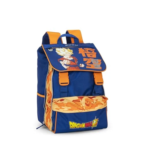 Franco Cosimo Panini DRAGON BALL SUPER Official Dragon Ball School Backpack, Expandable Backpack, 2 Large Compartments, 2 Front Pockets, 2 Side Pockets, Padded Adjustable Straps, 29 x, Blue/Orange, 29