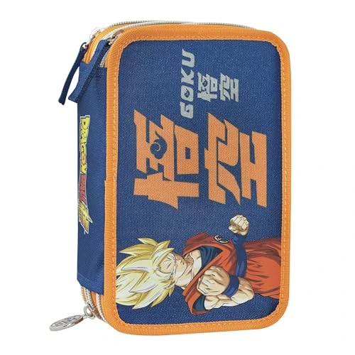 Dragon Ball Super – Official Dragon Ball School Case, 3 Compartments Pencil Case for Boys and Girls with Stationery Set, Blue Erasable Pen and Practical Zip Closure, 20 x 13 x H x 7 cm, Blue/Orange,