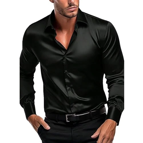 Offerta a tempo: Generisch Camicia da uomo in tinta unita lucida in raso di seta con maniche lunghe elasticizzate, camicia da uomo Body Fit a maniche corte, Nero , L - 9% da 23.19 € a 20.99 €