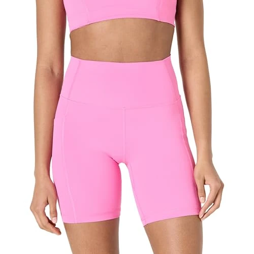 Amazon Essentials Pantaloncini Ciclista Tecnici in FormFlex Morbidissimo, a Vita Alta, 18 cm, con Tasche Donna, Rosa Fenicottero, XL