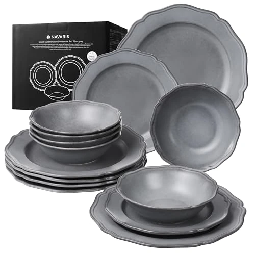 Offerta a tempo: Navaris Set Piatti 18 Pezzi - Servizio Piatti Moderni di Porcellana per 6 Persone - Eleganti Decorativi e Resistenti - Adatto a Lavastoviglie e Microonde - Grigio - 0.00% da 34.99 € a 34.99 €