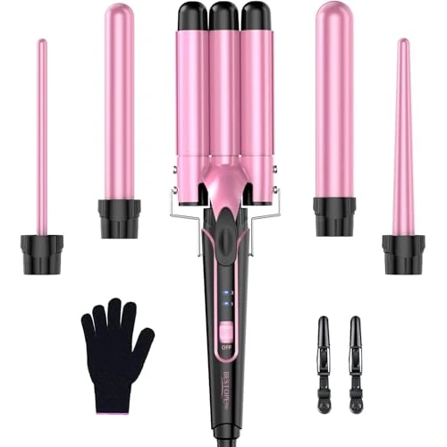 BESTOPE PRO Lockenstab set 5 in 1 Welleneisen - Lockenstäbe 3 Fässer für Große Keine Locken Keramik Lockenwickler mit Verschiedenen Aufsätzen mit Handschuh und 2 Clips