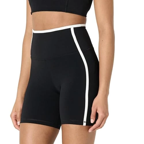 Amazon Essentials Short Cycliste Active FormFlex Ultra Doux avec Bordure Contrastée, Taille Haute, 15cm Femme, Blanc/Noir, L