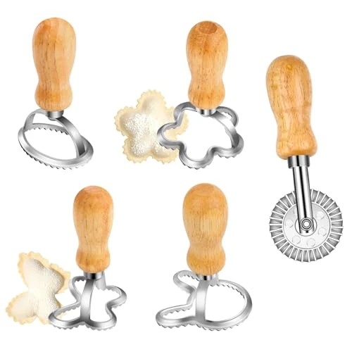 MXTIMWAN Pasta Cutter Wheel, Ravioli Uitsteekvormpjes in 5-Delige Set - Gegolfd, Haas, Vlinder, Bloem, Eivorm Met Houten Handvat