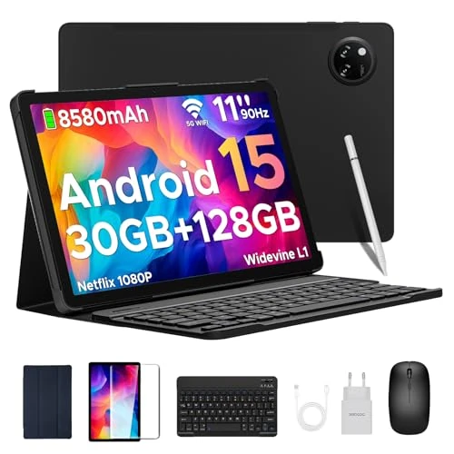 DOOGEE Tab A9 Pro Tablet Android 15, Tablet 11 Inch/90Hz, Batterij 8580 mAh, 30 GB + 128 GB/TF 2TB, Unisoc T7200 Tablet met Toetsenbord, Touchscreen Tablet Netflix/Widevine L1/5G WiFi/13 MP/OTG/Face