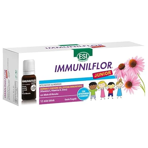 Offerta a tempo: ESI, Immunilflor Junior, Integratore Alimentare per Favorire le Difese Immunitarie dei Bambini, con Echinacea, Zinco, Fermenti Lattici, Vitamina C, Vitamina D e Miele, 12 Mini Drink Gusto Fragola - 24% da 21.90 € a 16.58 €