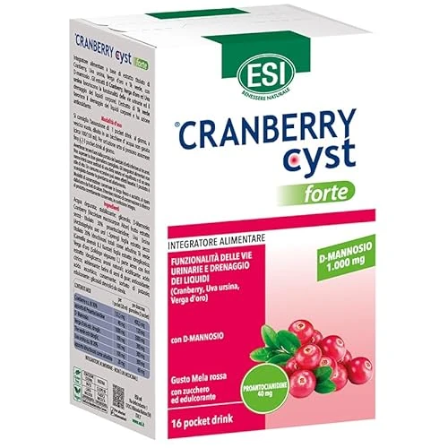 Offerta a tempo: ESI, Cranberry Cyst Forte, Integratore Alimentare per la Funzionalità delle Vie Urinarie e il Drenaggio dei Liquidi Corporei, con D-Mannosio, a Base di Uva Ursina e Tè Verde, 16 Pocket Drink - 48% da 21.90 € a 11.34 €