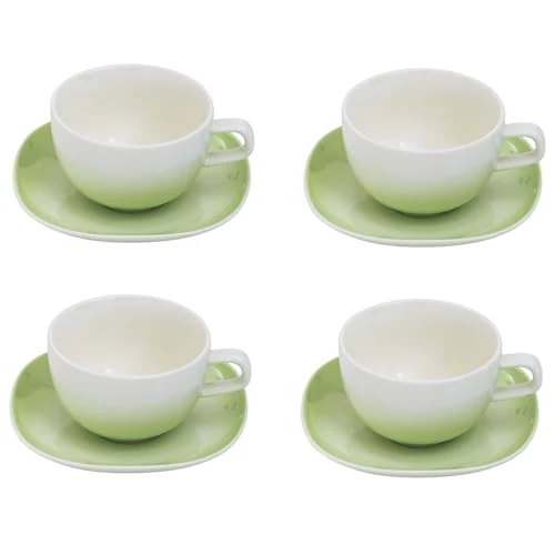 Villa Altachiara Juego de 4 tazas de té con plato, primavera verde, New Bone China, elegante juego de mesa para desayuno, té y capuchino, línea primaveral