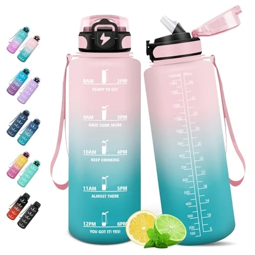 HoneyHolly 1,5 l motiverende waterfles met rietje, lekvrij, waterfles voor school, sportschool, camping, fietsen, yoga