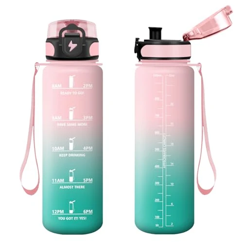 Limitiertes Angebot: Vikastar Trinkflasche, 1l BPA-Frie, Trinkflasche Sport, Trinkflasche Kohlensäure Geeignet, Sportflasche für Kinder, Schule, Outdoor, Rosa-Cyan von 11.99 EUR auf 11.99 EUR (Spare 0%)