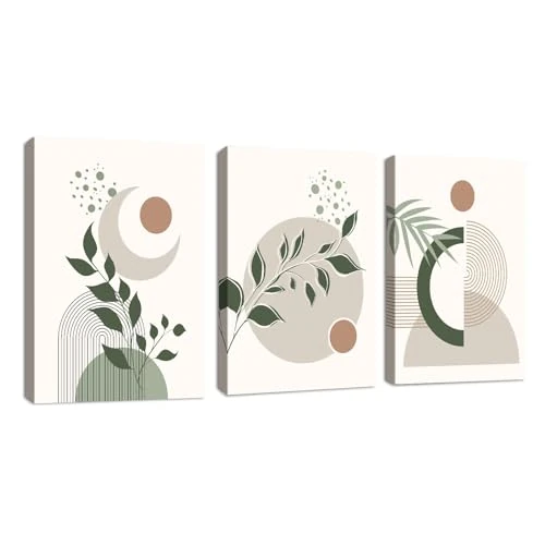 3 Pcs Boho Ingelijst Canvas wanddecoratie voor slaapkamer, Modern Esthetisch Groen Botanisch Wandfoto's Midden van de eeuw Geometrisch Woondecoratie Canvas Schilderij voor Woonkamer Kantoor 30x40cmx3
