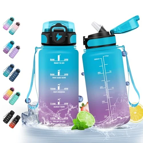 HoneyHolly Sports Water Bottle 500 ml Leak-Proof Water Bottle BPA-Free Motivational with Time Marking Water Bottle with Straw for Children School Bicycle