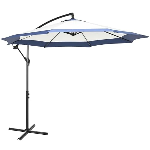 Outsunny Parapluie de jardin Ø3x2 m avec base en croix, ouverture à manivelle et prise d'air, Parapluie de terrasse décentralisé en métal et polyester, bleu foncé et crème