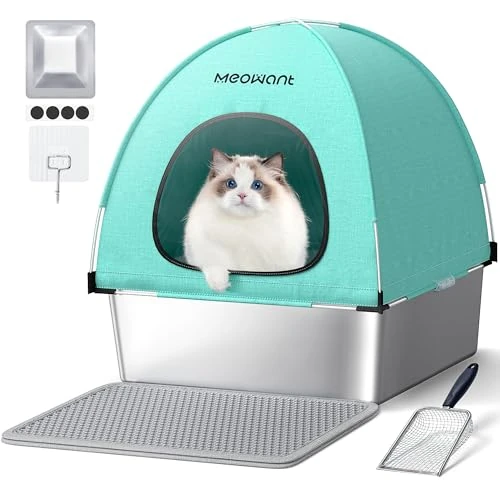 Meowant Lettiera Gatto in Acciaio Inox, Lettiere XXL, Copertura in Tessuto Chiuso, Quadrato Toilette Grande per Gatti di Grossa Taglia, Antiaderente, Prova Perdite, Staccabile e Facile Pulire, Verde