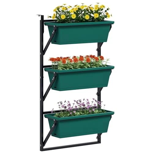 Outsunny Verticale bloembak voor buiten met 3 niveaus, 3 plantenpotten van kunststof met afwateringsgaten, om op te hangen voor bloemen en kruiden, 56 x 42 x 100 cm, groen