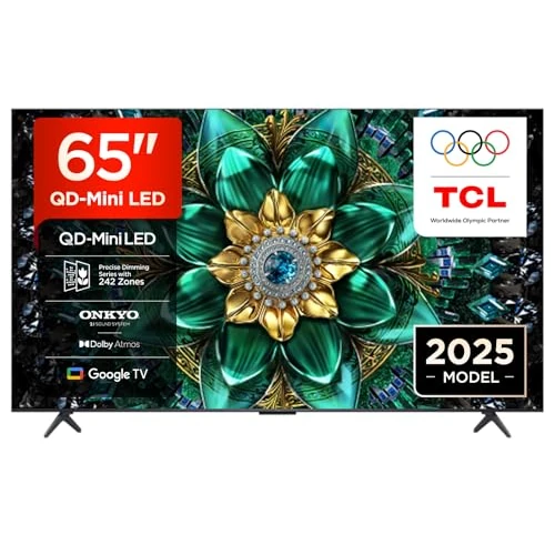 TCL 65Q6C QD-Mini LED TV, 4K HDR Premium 1000nits, Smart TV alimenté par Google (Dolby Vision IQ et Atmos, système Audio Onkyo 2.1, Motion Clarity Pro 144Hz, contrôle Vocal Mains Libres)