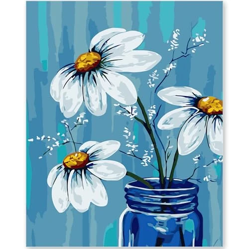 EFOTIML Zestaw do malowania po numerach, dla dorosłych, początkujących i dzieci w wieku 8–12 cm, płótno do malowania dla dorosłych, w kolorowym pudełku (bez ramy), białe kwiaty i wazon