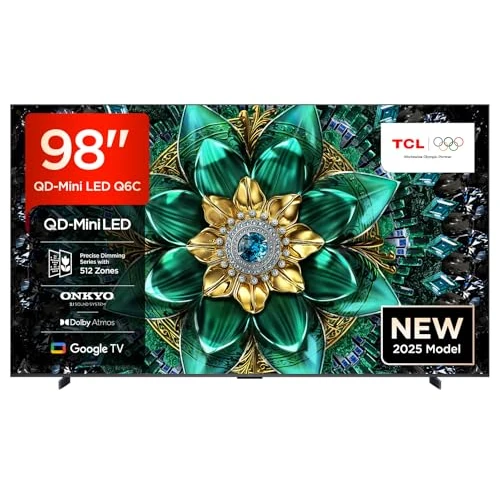 TCL 98Q6C QD-Mini LED TV, 4K HDR Premium 1000nits, Smart TV aangedreven door Google (Dolby Vision IQ en Atmos, HVA Mat paneel, Onkyo 2.1 audiosysteem, Motion Clarity Pro 144Hz)
