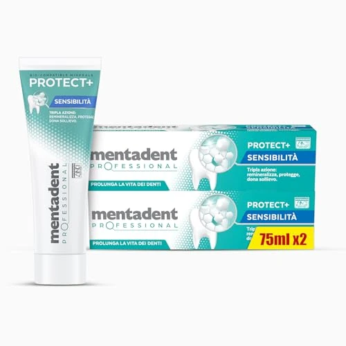 Offerta a tempo: Mentadent Professional Dentifricio Protect+ Sensibilità, Dentifricio Denti Sensibili, Remineralizza e Dona Protezione Contro la Sensibilità Dentinale, con Minerali Bio-compatibili e Potassio, 2x75 ml - 19% da 4.59 € a 3.74 €