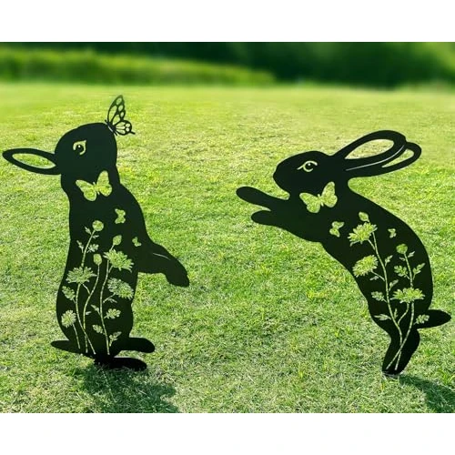 QBMYCN Kaninchen-Gartenstecker aus Metall,2er-Pack Schwarze Springen Kaninchen-Silhouette Statue,für Hof Garten, Rasen, Outdoor-Dekoration. Geschenk für Kaninchenliebhaber.