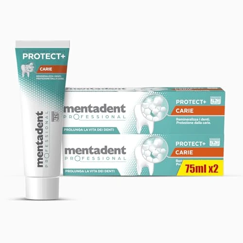 Mentadent Professional Dentifricio Protect+ Carie, Remineralizza e Protegge i Denti dalla Carie, Rinforza lo Smalto, con Minerali Bio-compatibili e con Fluoro, Formato 2x75 ml
