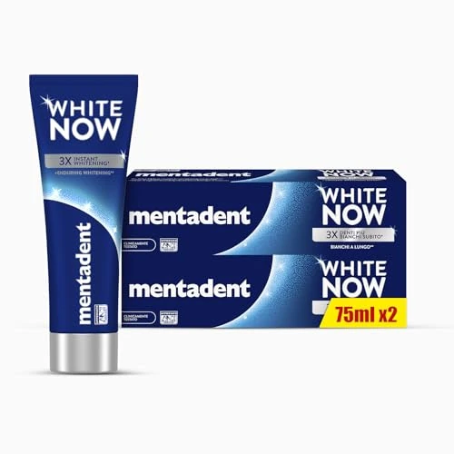 Mentadent White Now oryginalna pasta do zębów, rozjaśniająca pasta do zębów z technologią White-Correct i Infinity Technology, 2 x 75 ml