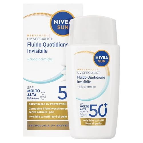 Offerta a tempo: NIVEA SUN Fluido Quotidiano Invisibile SPF 50+ 40 ml, Crema viso SPF 50+ invisibile e opacizzante, Protezione solare viso ultra-leggera con Niacinamide, Non comedogenica, Tutti i tipi di pelle - 40% da 14.99 € a 9.03 €