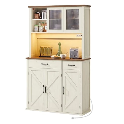 Offerta a tempo: VASAGLE Credenza Cucina con Luce e Multipresa, Mobile Dispensa Cucina con Ante e Cassetto, 39,5 x 106,5 x 180,6 cm, con Ripiani Regolabili, Stile Farmhouse, Bianco Vintage e Marrone Miele BBK391W02 - 0.00% da 219.99 € a 219.99 €