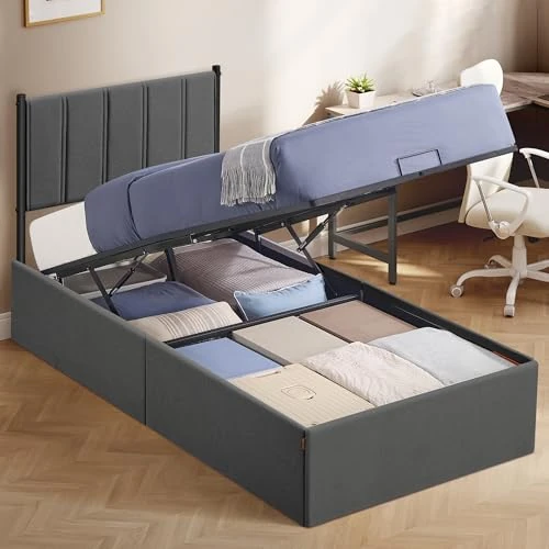 Offerta a tempo: VASAGLE Letto Contenitore Singolo, per Materasso 90 x 200 cm | Struttura Imbottita, Tessuto Effetto Lino, Meccanismo Idraulico, 209,3 x 93,4 x 110 cm, Grigio, Collezione KACY RMB612G02V2 - 10% da 167.99 € a 151.19 €