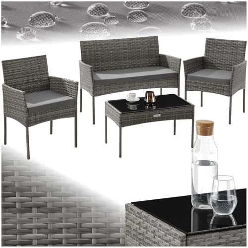 Offerta a tempo: tectake® Set da Giardino in Rattan, 4 Posti, Polyrattan Resistente, Cuscini Idrorepellenti Lavabili, Struttura in Acciaio Stabile, Tavolino con Vetro di Sicurezza, Arredo Esterno - Grigio - 24% da 157.99 € a 119.79 €