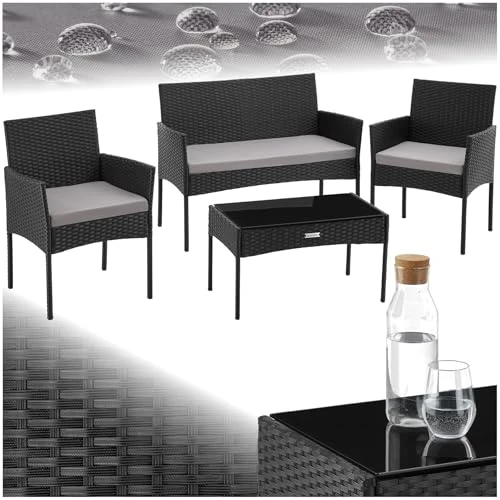 Tijdelijke aanbieding: tectake® Wicker tuinset, Balkon meubels, Loungeset tuin, Tuinmeubelen, Tuinset 4 personen, Tuinmeubelset met loungebank, tuintafel en tuinstoelen, Waterafstotende kussens, Stabiel stalen frame, Zwart van 161.00 € naar 128.99 € (20% 
