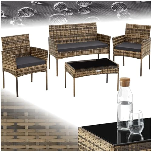 Offerta a tempo: tectake® Set da Giardino in Rattan, 4 Posti, Polyrattan Resistente, Cuscini Idrorepellenti Lavabili, Struttura in Acciaio Stabile, Tavolino con Vetro di Sicurezza, Arredo Esterno - Naturale - 19% da 154.79 € a 124.79 €