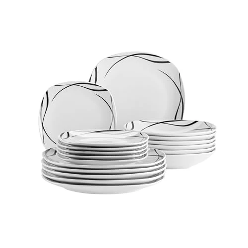 MÄSER Seria Decora, zestaw talerzy dla 6 osób, 18-częściowy zestaw naczyń obiadowych o prostokątnym kształcie, eleganckie, ponadczasowe, porcelanowe