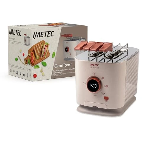 Imetec Grantoast - Tostapane 2 Fette XL con Pinze Apribili per Toast Farciti - 7 Livelli Doratura, Facile Pulizia, Display LED, Griglia Scalda Brioche, Pizzette e Focacce, Timer Digitale, Acciaio Inox