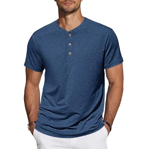 Limited-time offer: TARAINYA Henley Men's Cotton T-Shirt Short Sleeve Summer Men with Button Placket, A dark blue, XL from 26.66 £ to 15.78 £ (save 40.81%)