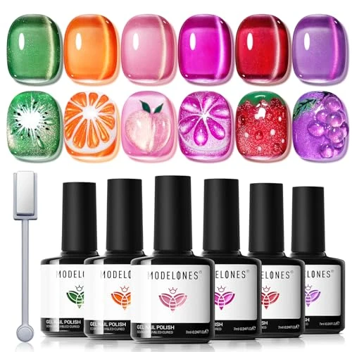 Modelones Smalto Semipermanente Unghie Cat Eye Gel Magnetico Glitter 6 Colori Gel Smalto UV per Unghie Nail Art-Multicolore