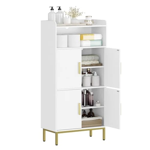 Hzuaneri Badezimmerschrank, Badschrank, Küchenschrank, Aufbewahrungsschrank, 4 Türen und 1 offener Bereich, Verstellbare Ablage, Badezimmer, Wohnzimmer, 30 x 60 x 120 cm, Weiß-Gold SC45613G