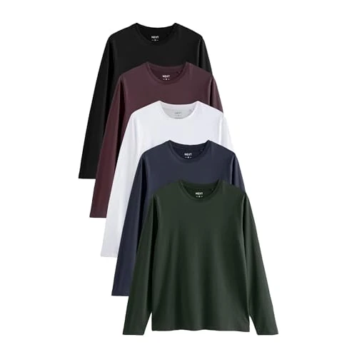 NEXT Uomini Confezione da 5 Maglie a Maniche Lunghe con vestibilità Classica in 100% Cotone Nero/Bianco/Blu Navy/Verde/Rosso Borgogna 3XL