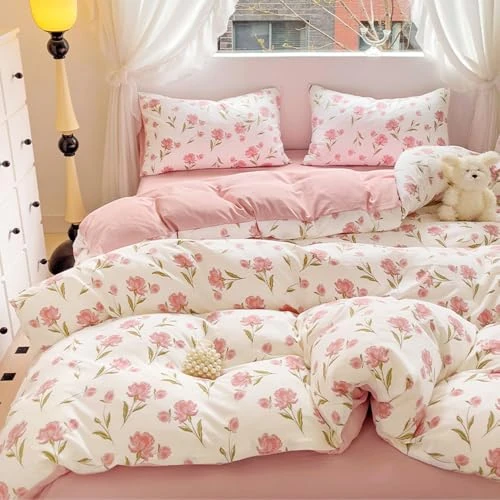 Covebett Ropa de cama de 155 x 220 cm, color rosa y blanco, diseño de flores, hojas y plantas, funda nórdica con estampado de flores, diseño de flores, esthetic suave microfibra reforzada, juego de 2
